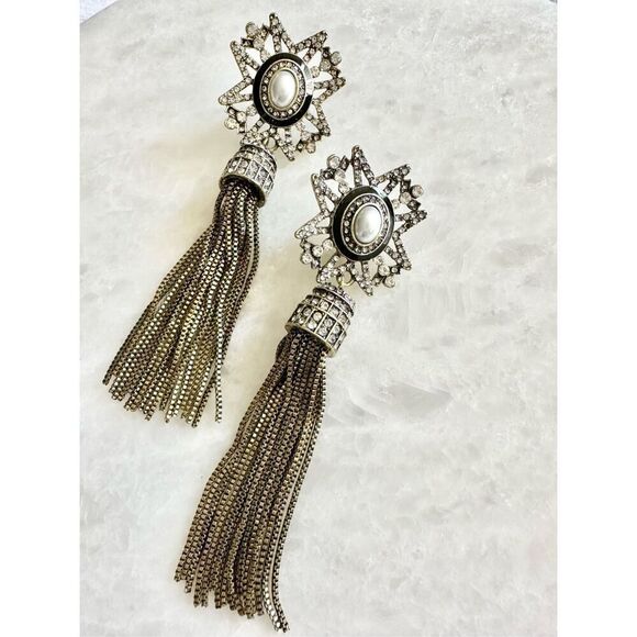 Antique gold and pearl starburst dangle tassel earrings ￼ - Picture 1 of 3